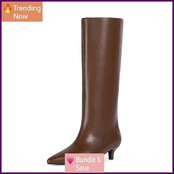 Knee High Boots Slip On Low Kitten Heel Pointed Toe Tall Boots